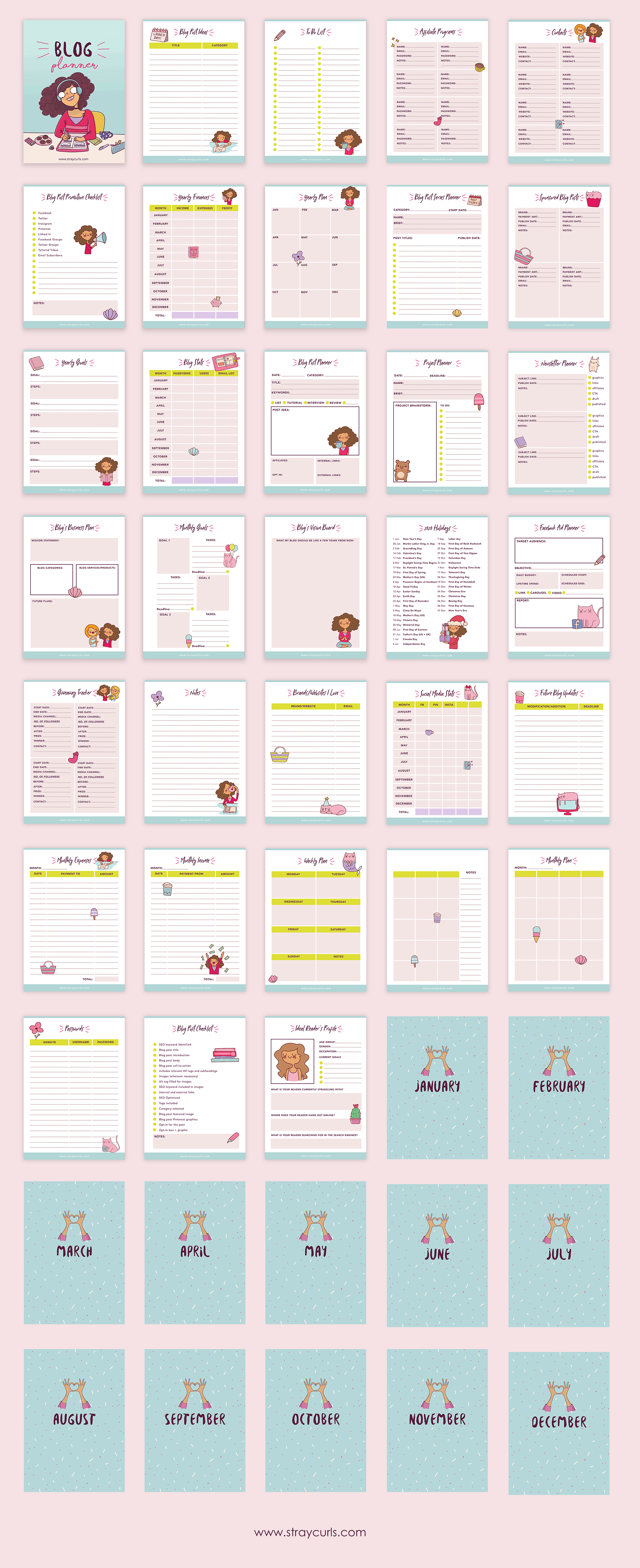 45-pages-blog-planner copy This free printable blog planner is not only super cute with little girl and cat stickers but is also super functional! Stay super organised and keep track of all your blogging goals by downloading this 12 page blog planner! #blogplanner #plannerlife #planner #girlboss #free #freeprintable #blogging