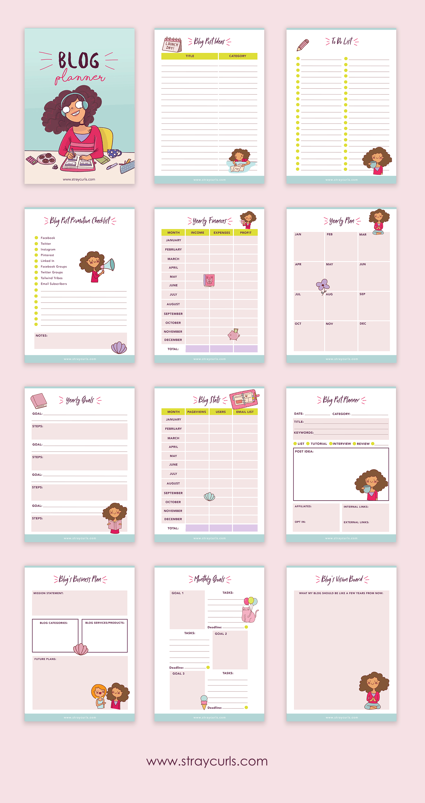This cute printable blog planner contains 12 pages that you can download for free.