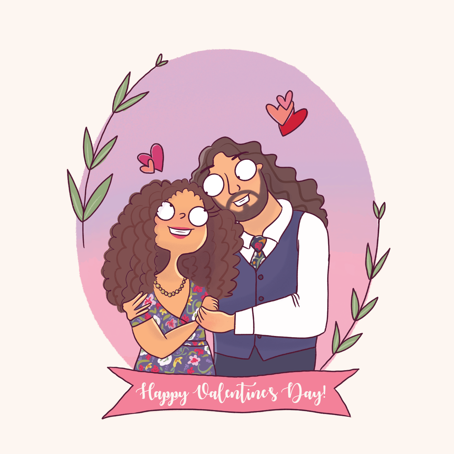 couple portrait illustration, valentines day couple portrait illustration, custom couple portrait, custom couple illustration, custom couple portrait stray curls