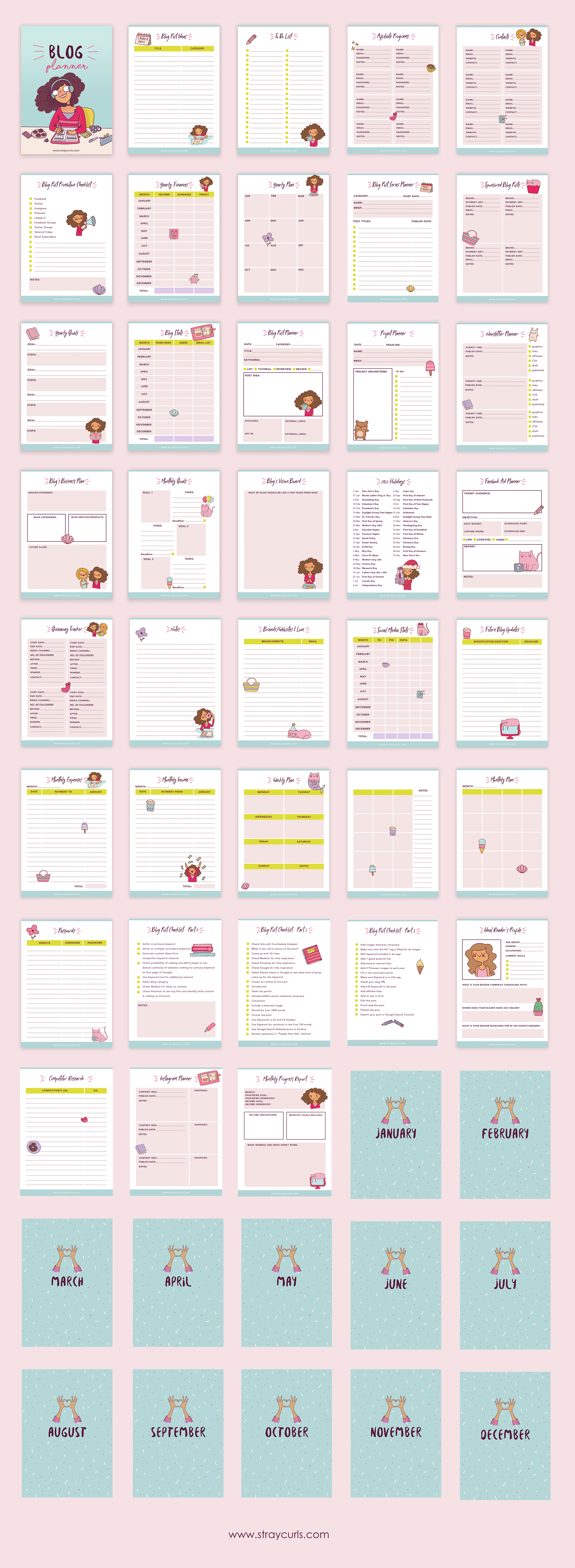 50-pages-blog-planner This cute blog planner is not only super cute with little girl and cat stickers but is also super functional! Stay super organised and keep track of all your blogging goals by downloading this 50 page blog planner! #blogplanner #plannerlife #planner #girlboss #free #freeprintable #blogging