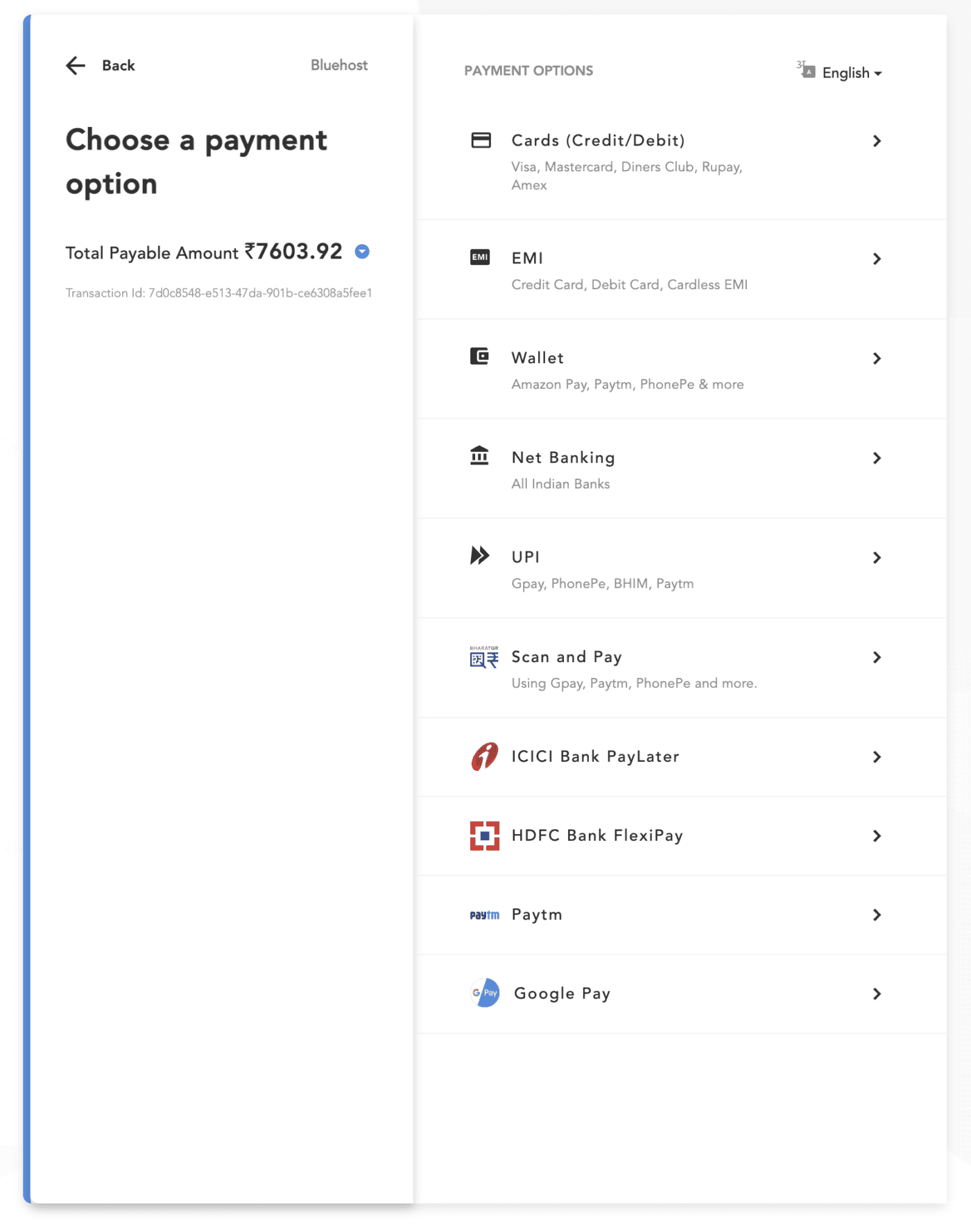 Payment Page for Bluehost