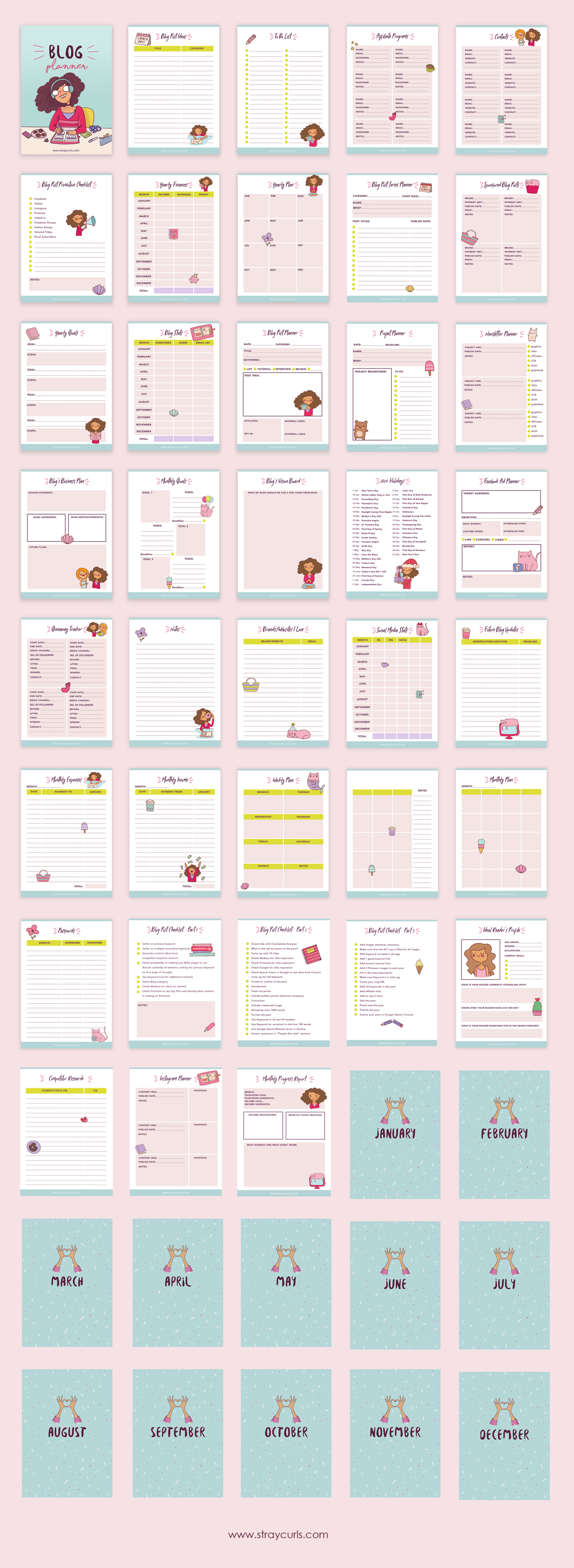 50 page blog planner 2024, 2024 blog planner, cute pink printable planner, pink blog planner, cute printable blog planner pink